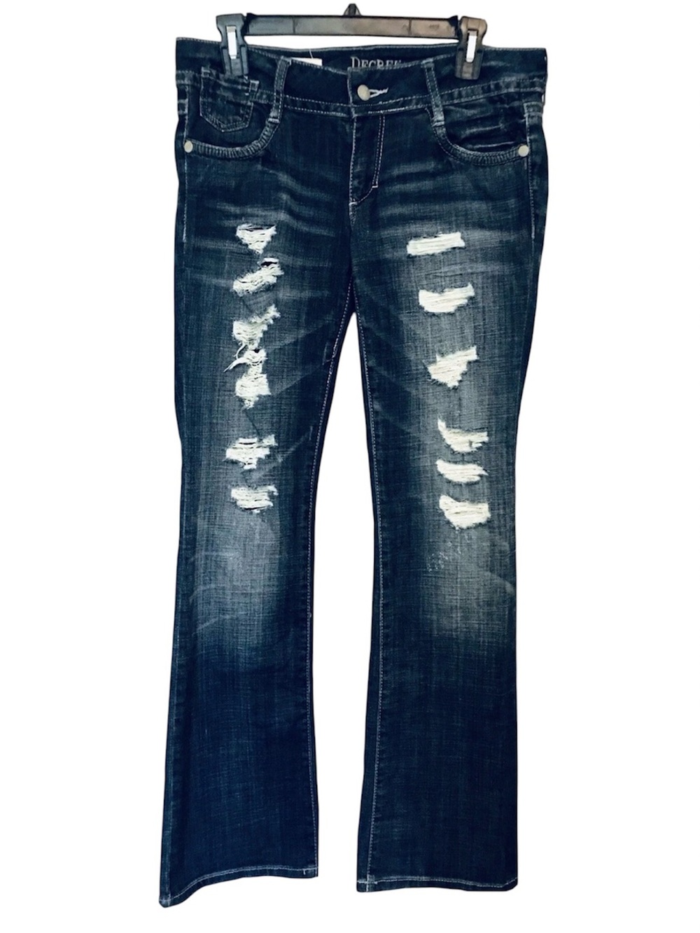 Decree Womens Junior Size 9 Dark Wash Distressed Whiskered Cotton Boho Jeans